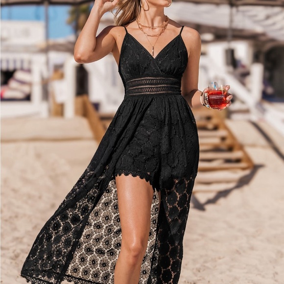 Cupshe Black Maxi Overlay Romper Lace Dress V-Neck Spaghetti Strap Size M - Picture 1 of 17